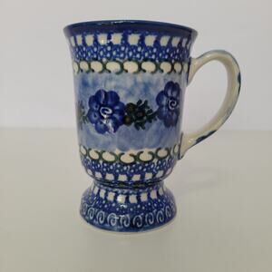 Vintage Unikat Polish Pottery Floral Footed Mug Cup 595 Hand Painted Stoneware